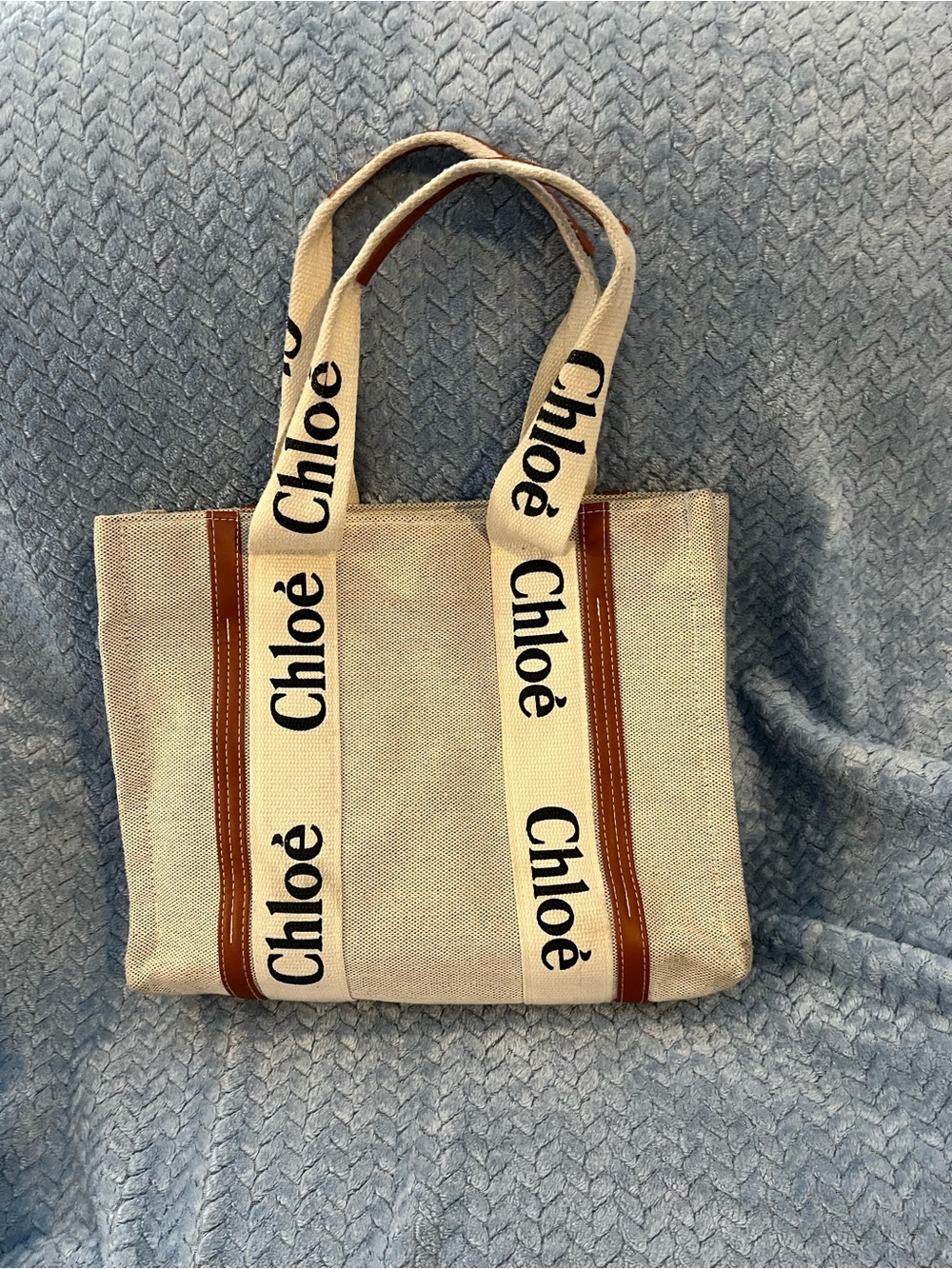 Chloé Beige Canvas Tote with Brown Leather Trim and Logo Straps